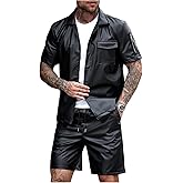 BEAUDRM Men's 2 Piece Outfit PU Leather Button Down Shirts and Drawstring Waist Motorcycle Biker Shorts Set
