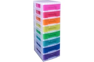 REALLY USEFUL BOX Really Useful Plastic Storage Box Storage Tower 8x7 Litre Clear Frame with Rainbow Drawers