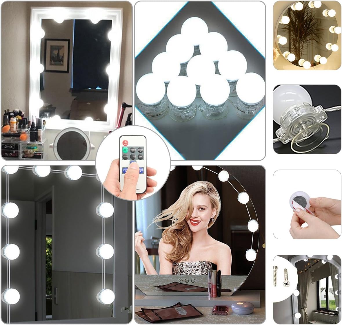 Vanity Mirror Lights Kit, LED Mirror Light Iintelligent Remote Control 3 Installations Upgrade Hollywood Makeup Lamp Bath Mirror Lamps