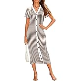 BTFBM Women Casual Summer Dresses Short Sleeve Striped Midi Dresses Decorative Button Ribbed Knit Dresses Party Dresses