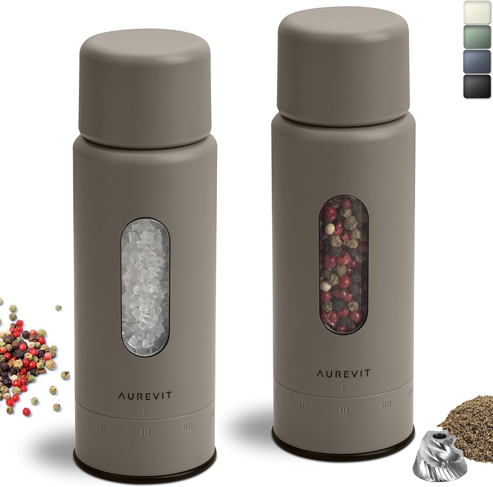 Aurevit Salt and Pepper Grinder Set Manual, Salt and Pepper Mill with Ceramic/Stainless Steel Core, External Adjustable Coars
