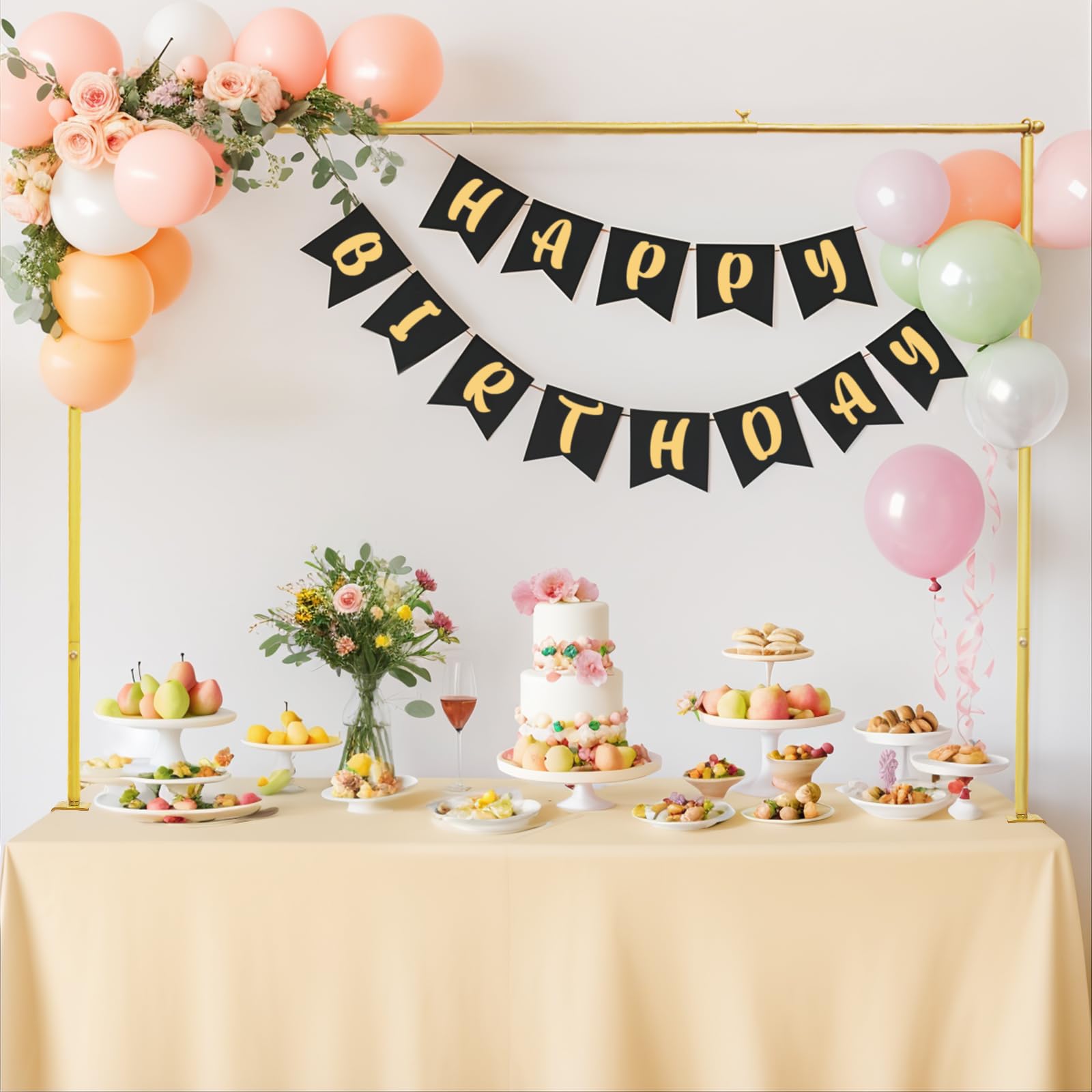 Photo 1 of WQU Over The Table Rod Stand with Clamps,47"-82"(3.9-6.8FT) Length,Gold Metal Adjustable Table Arch Stand for Multi Table Size,Square Table Arch for Wedding,Birthday Party,Christmas Decoration Supplies(Gold)