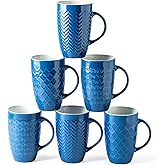 AmorArc Extra Large Coffee Mugs Set of 6, 20oz Ceramic Tall Coffee Mugs Set with Textured Geometric Patterns for Latte/Tea/Beer/Hot Cocoa, Dishwasher & Microwave Safe, Blue