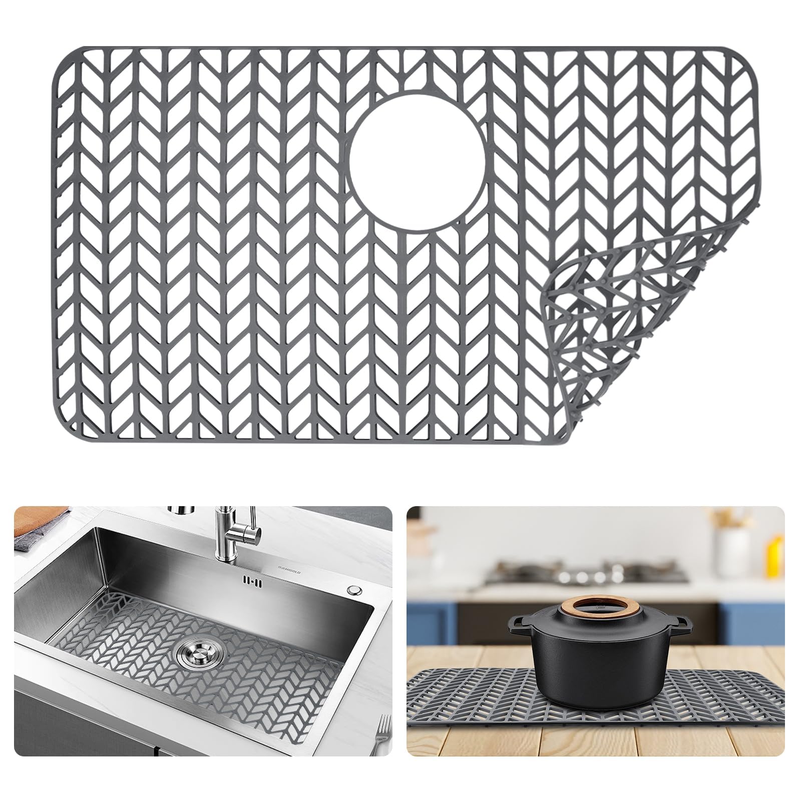 FOSFUKEER Silicone Sink Mat, Heat Resistant Non-Slip Kitchen Drain Mat Protector (Grey, 66 x 35 cm, Reserved Holes)