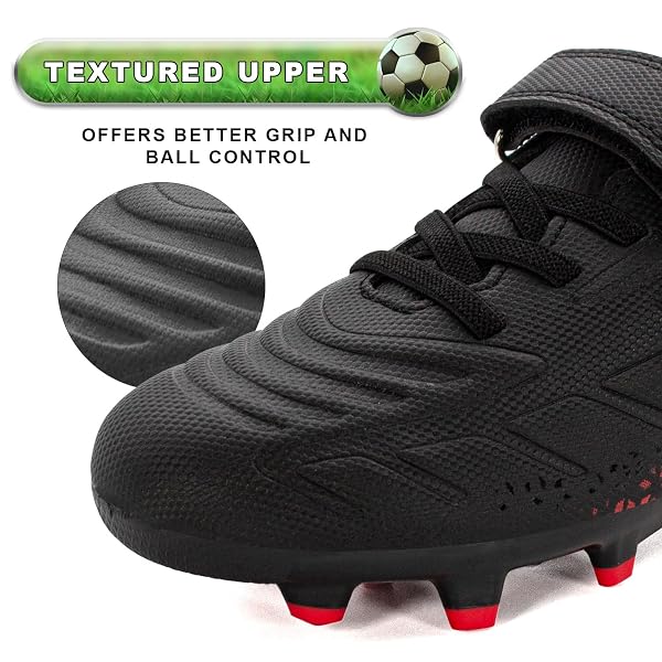 RUNIC KIDS SOCCER CLEATS FOR BOYS AND GIRLS – SMALL AND BIG KID ATHLETIC OUTDOOR FOOTBALL SHOES – FIRM GROUND – HOOK AND LOOP CLOSURE – BLACK/RED – 1