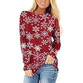 Womens Long Sleeve Christmas Graphic Tees Casual Xmas Snowflake Red T-Shirts Tops(Xmas-Snowflake-Red,S)