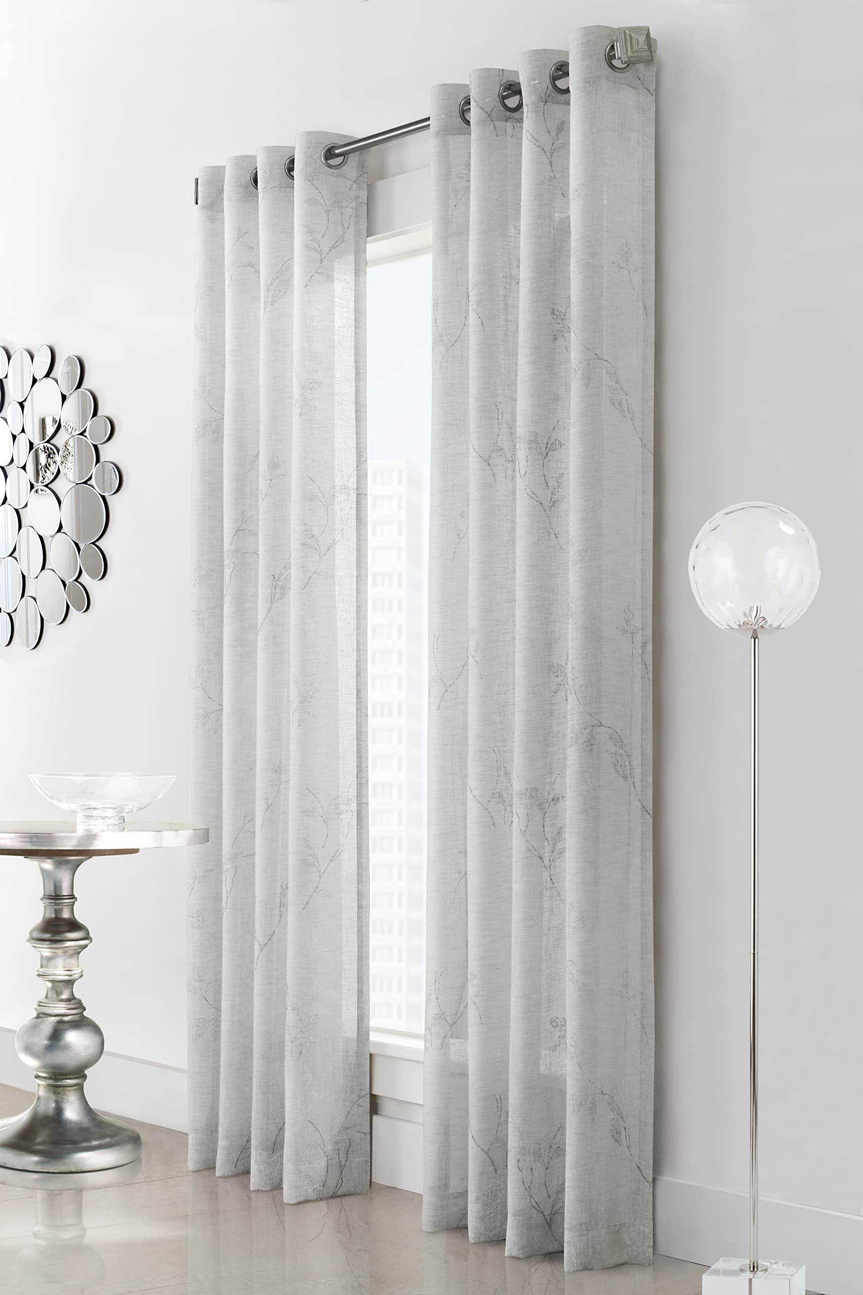 loft living Tessa Semi Sheer Floral Printed Curtain Panel 50" x 84" in Grey