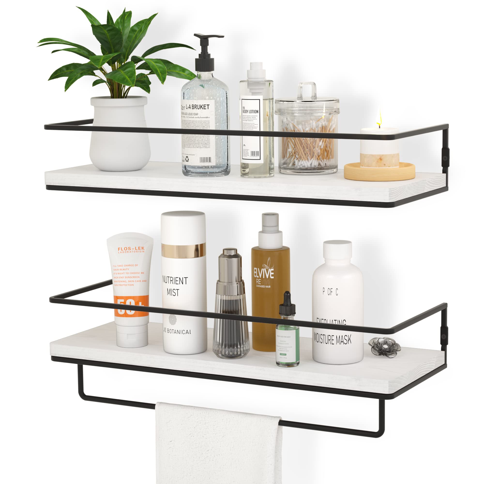 Photo 1 of ZGO Floating Shelves for Wall Set of 2, Wall Mounted Storage Shelves with Black Metal Frame and Towel Rack for Bathroom, Bedroom, Living Room, Kitchen, Office (White)
