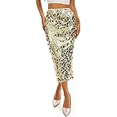JASGOOD Sequin Skirt for Women High Waist Midi Elastic Skirt Side Slit Sparkle Skirts for Night Out Champagne