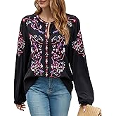 Womens Long Sleeve Shirts Fall Tops Embroidered Blouses Casual Loose Peasant Tunic Mexican Trendy Clothes