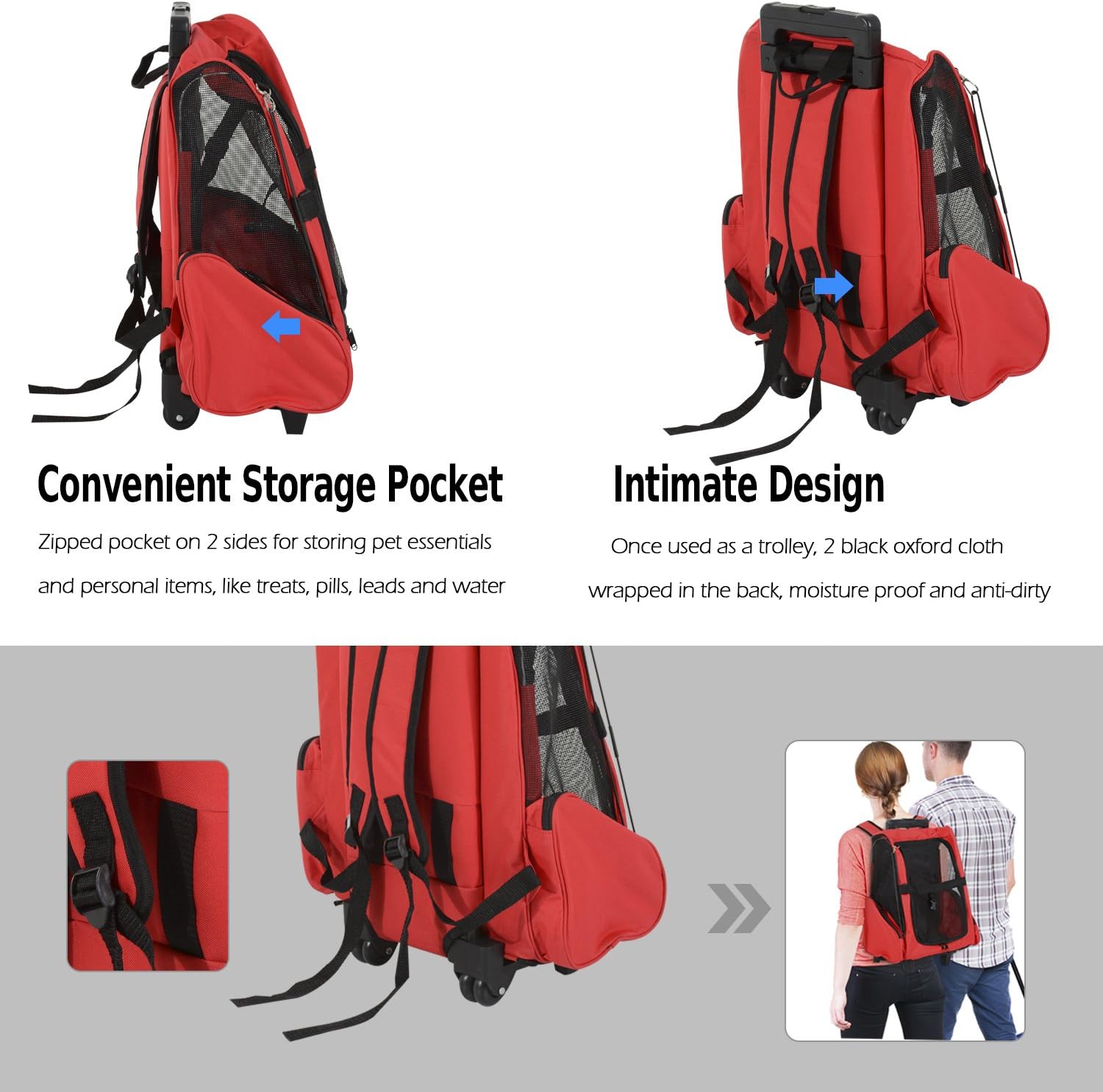 PawHut Pet Travel Backpack Bag Cat Puppy Dog Carrier w/ Trolley and Telescopic Handle Portable Stroller Wheel Luggage Bag (Red) - Image 5