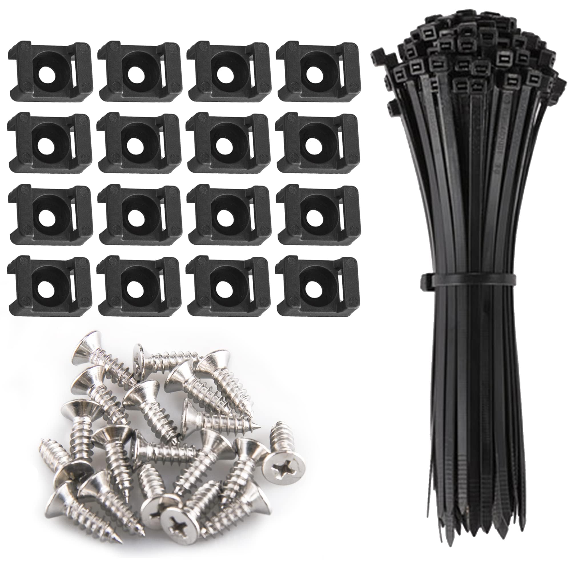 300 Pieces Cable Tie Kit - Black Nylon Zip Style Mounts & Ties (8 x 0.13 inch) with Self-Locking & Screws for Wire Management