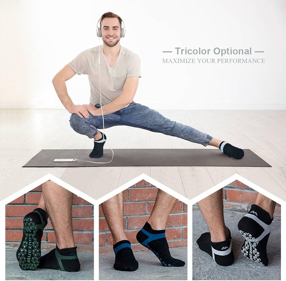 Muezna Men's Non-Slip Yoga Socks, Anti-Skid Pilates, Barre, Bikram Fitness Hospital Slipper Socks with Grips : Clothing