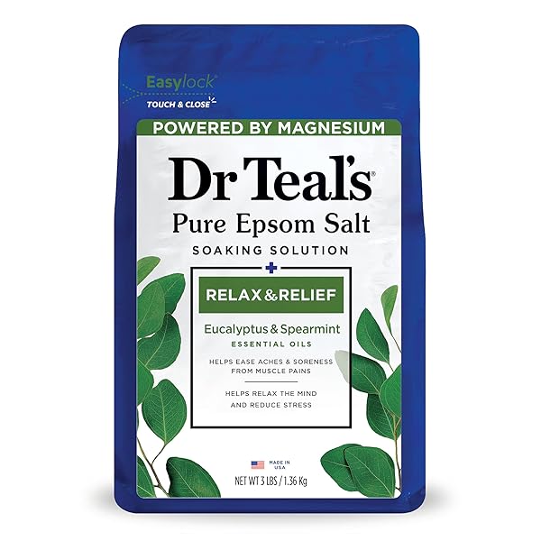 DR TEAL’S EPSOM SALT MAGNESIUM SOAK, RELAX & RELIEF WITH EUCALYPTUS & SPEARMINT ESSENTIAL OILS, 3 LBS