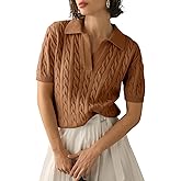 Imily Bela Women's Cable Short Sleeve Sweaters Tops Solid Lapel V Neck Knit Casual Soft Pullover Shirt