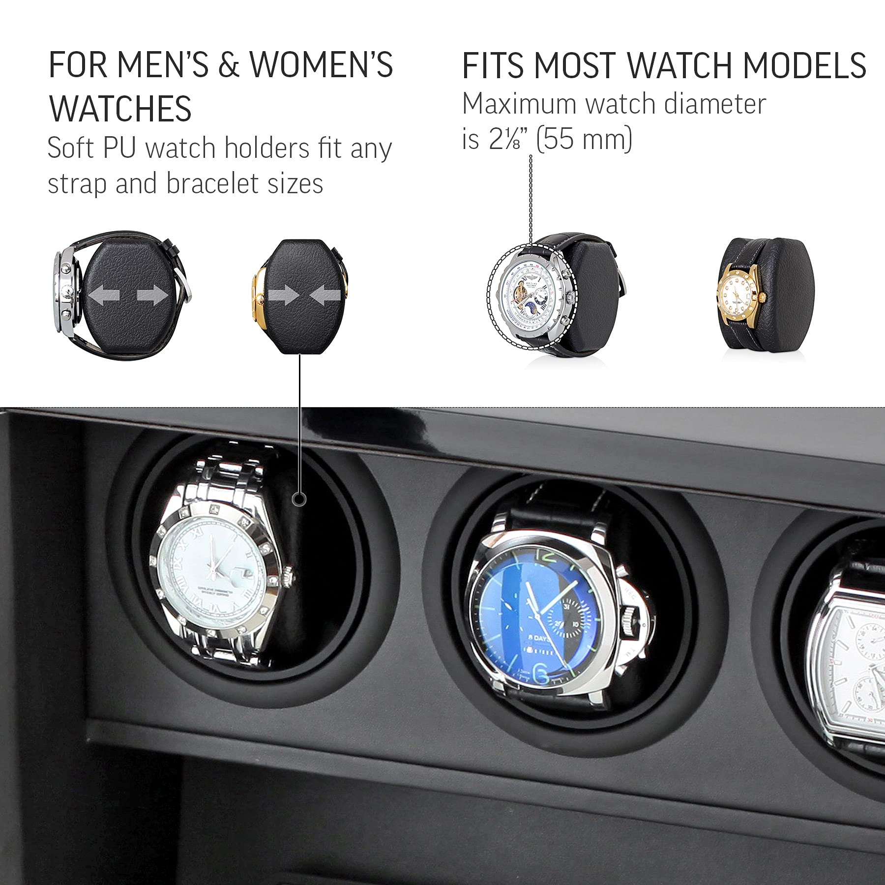Watch Winder for 7 Watches with Interior Backlight, Motor-Stop Option and Battery Power Option (Black)