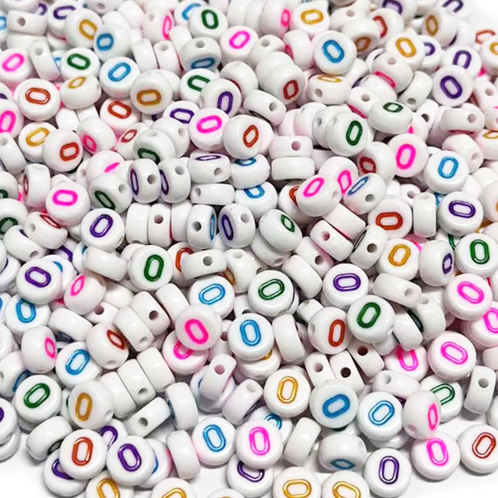 500PCS 4x7mm Acrylic Letter Beads O for Friendship Bracelets Jewelry Making, White Flat Round Acrylic with Colourful Alphabet Beads for DIY Crafts Bracelets Necklaces Key Chains Phone Lanyard