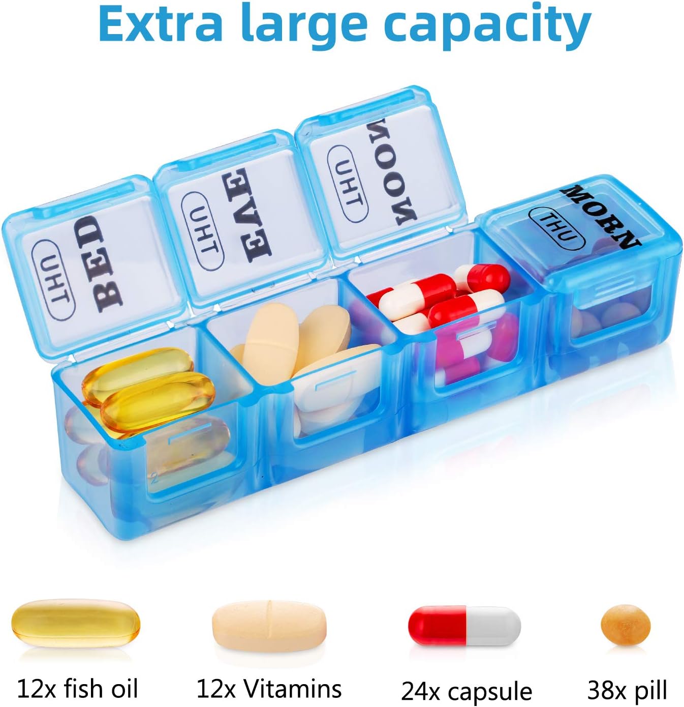 XL Pill Boxes 7 Day 4 Times a Day, Weekly Pill Box Organiser Large Daily Dossett Pill Box 7 Day 28 Compartments - Image 3
