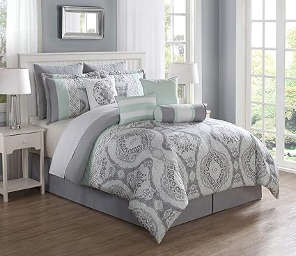 Kinglinen 14 Piece Bianca Mint Gray Bed In A Bag Set Queen