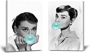 Christmas Sweater for women Audrey Hepburn Fan Gift Blue Bubble Gum Wall Art Poster Audrey Home Office Decor Collection Stretched Canvas Set of 2 Bubble Gum Wall Art Design White 8x12