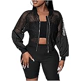 GORGLITTER Women's Lightweight Jacket Mesh Zip Up Cropped Fishnet Long Sleeve Bomber Jackets Concert Outfits