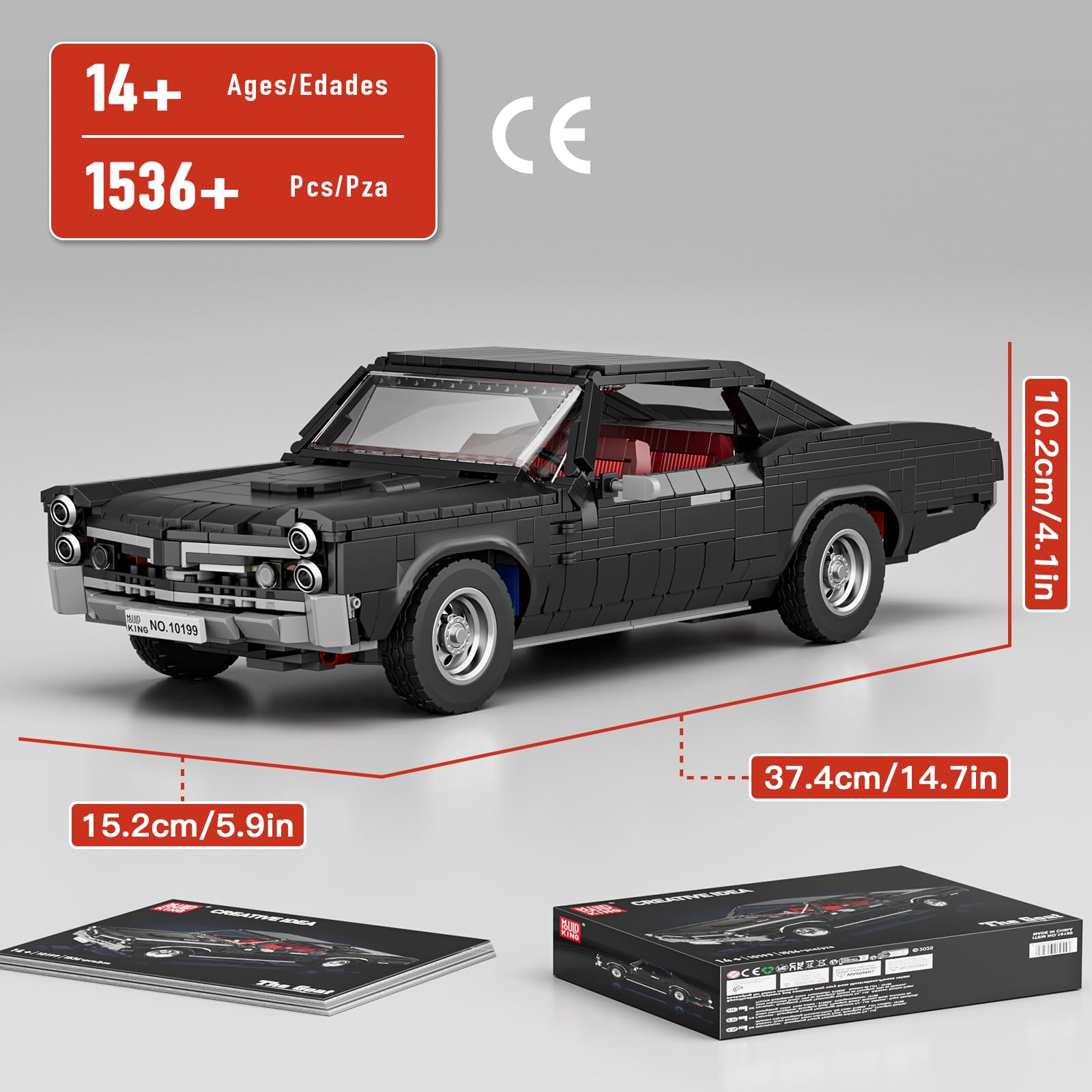 Mould King 10199 Technik Sportwagen Bausteine GTO Rennauto Klemmbausteine Klassischer Amerikanischer Muscle-Car Modellauto für Jungen und Erwachsene(1563 Teile) 2