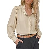 Astylish Women's 2026 Ruffle Collar Long Puff Sleeve Chiffon Blouse Button Down Shirt Loose Fit Spring Summer Tops