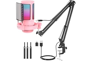 NJSJ USB Gaming Microphone for PC Computer, Condenser Mic with Boom Arm Stand for PS4/ PS5/ Mac/Phone with Touch Mute, RGB Li