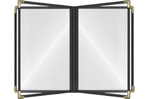 ACI SUPER POWER Goodsmart Restaurant Menu Covers - 25 Pack Black 8.5" x 11", 4-Page/8-View, Side-Loading Vinyl Menu Holders with Clear Sleeves, Double-Stitched, Leather-Style Café Covers with Gold Corners