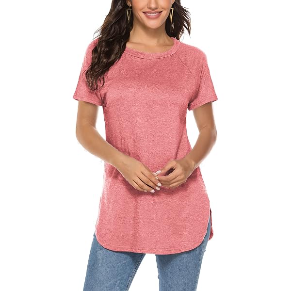 Women's Summer Cool Tunic Top - Short Sleeve, Loose Fit, Quick Dry With Side Pockets - Purple Red, Large