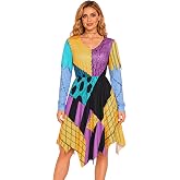 Tokecy Women's Colorful Halloween Patchwork Costume Mini Dress S-3XL | Long Sleeve Stitched-Look Design with V-Neck & Asymmetrical Hem for Cosplay & Theme Parties