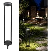 19:30 PM Solar Bollard Lights Outdoor, 24-Inch Metal Garden Lights, 2-Pack | 6000K cool white solar landscape lighting for porch entries and short garden paths; stainless steel and iron; IP65 rated
