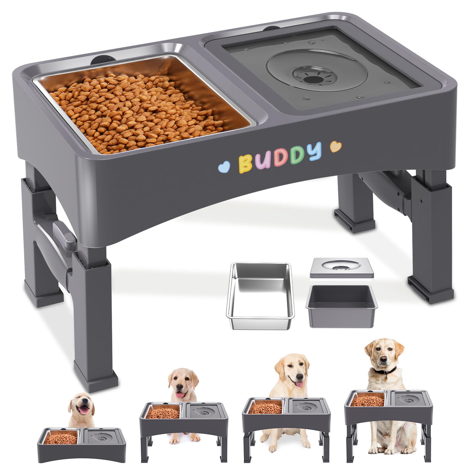 Photo 1 of Decflow 2-in-1 Elevated Dog Bowls, 4 Height Adjustable Raised Dog Bowls with Stainless Steel & No Spill Water Bowl, DIY Stickers Foldable Pet Bowl for Medium Large Dogs(Not Included Slow Food Bowl)