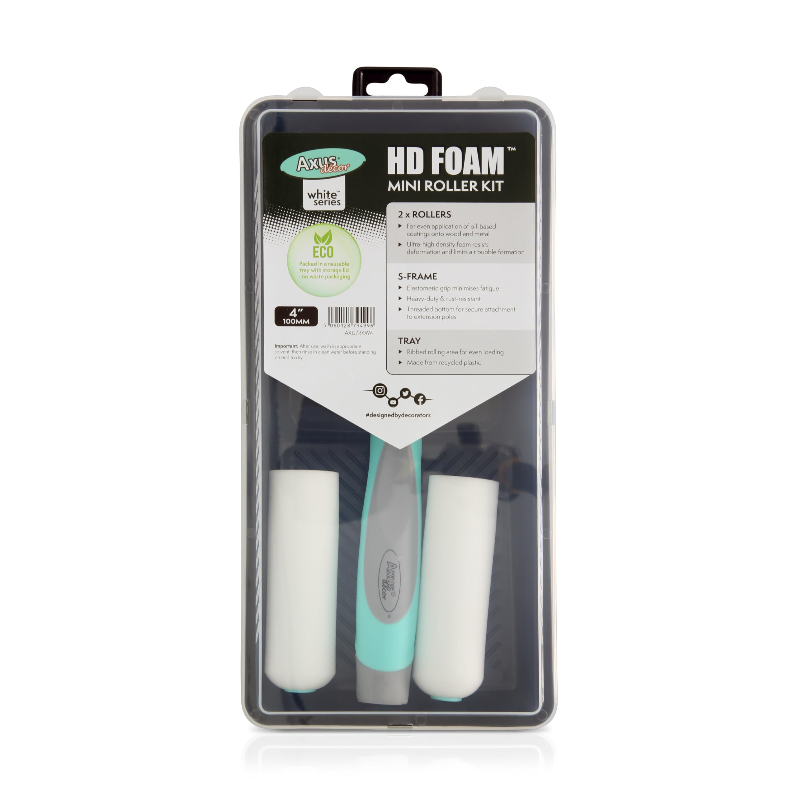 Axus Decor Hd Foam 5Pc Roller Kit (White Series) Paint Roller Sleeves (2 Pcs), with Paint Roller Tray & Frame, Roller Sleeves, Use with Oil Based Paints & Varnishes, for Professional & DIY - 4"/100mm