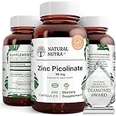 Natural Nutra Zinc Picolinate 30 mg, Double Strength, Raw and Pure, Highly Bioavailable Supplement for Growth and Immune Support, Helps Support Metabolic System, Decrease Common Cold 250 Capsule