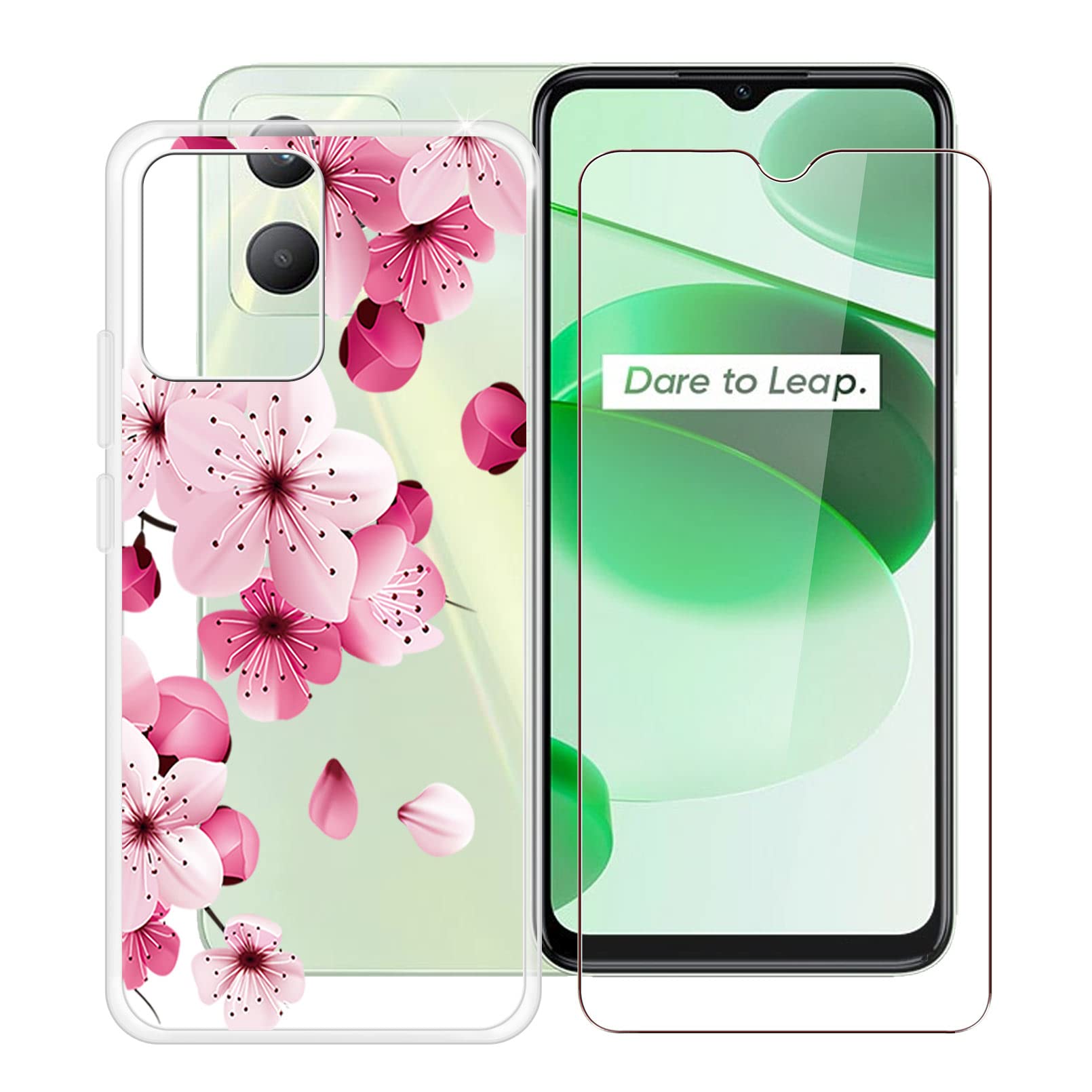 HHUAN Mobile Phone Case for Realme C35 RMX3511 (6.60 Inches) + Tempered Glass, Ultra Thin Transparent TPU Silicone Bumper Case + Tempered Glass Film for Realme C35 RMX3511 - WM113