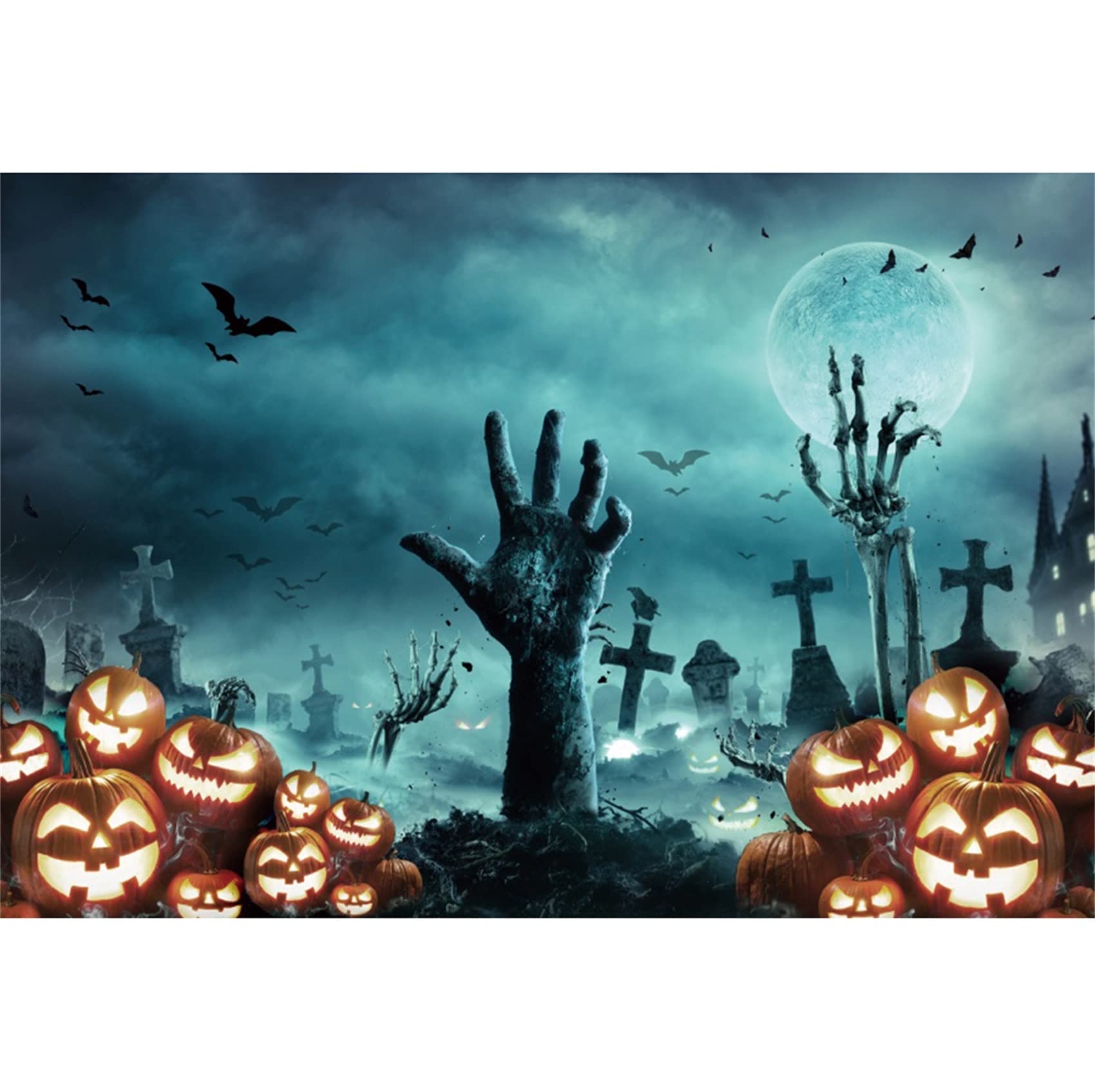 Aoihrraan 10x6,5ft Halloween Graveyard Backdrop Cemetery Tombstone Evil Pumpkin Lantern Arm Full Moon Photography Background Halloween Horrible Theme Party Kids Adults Portrait Photo Studio Props