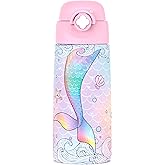 Ntswasd Girls Insulated Water Bottle with Covered Pop-Up Straw,16 oz Kids Cups with Stainless Steel Leak Proof for School Pink(Mermaid)