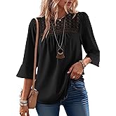 Dokotoo Women's 3/4 Sleeve Crewneck Casual Ruffle Shirts 2026 Chiffon Boho Lace Trendy Blouses Tops