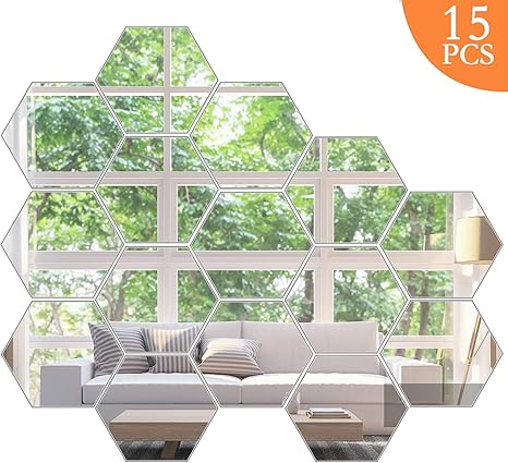 Amazon Com Kimdaro Mirror Wall Stickers Non Glass Mirror Plastic Mirror 3d Hexagon Acrylic Mirror Wall Decor Self Adhesive Tiles 15 Pcs Arts Crafts Sewing