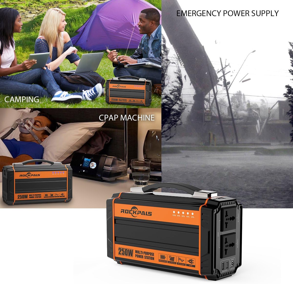 Rockpals 250-Watt Portable Generator Rechargeable Lithium Battery Pack Solar Generator with 110V AC Outlet, 12V Car, USB Output Off-grid Power Supply for CPAP Backup Camping Emergency: Electronics
