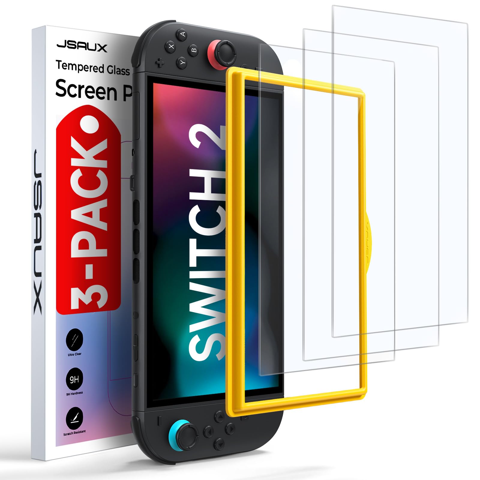JSAUX 3er-Pack Schutz Glas für Nintendo Switch 2 (2025), Einfache Installation mit Montagerahmen, Ultra HD Displayschutzfolie mit 9H Härte, Kratzfest, Full-Screen Abdeckung, Schutz Zubehör
