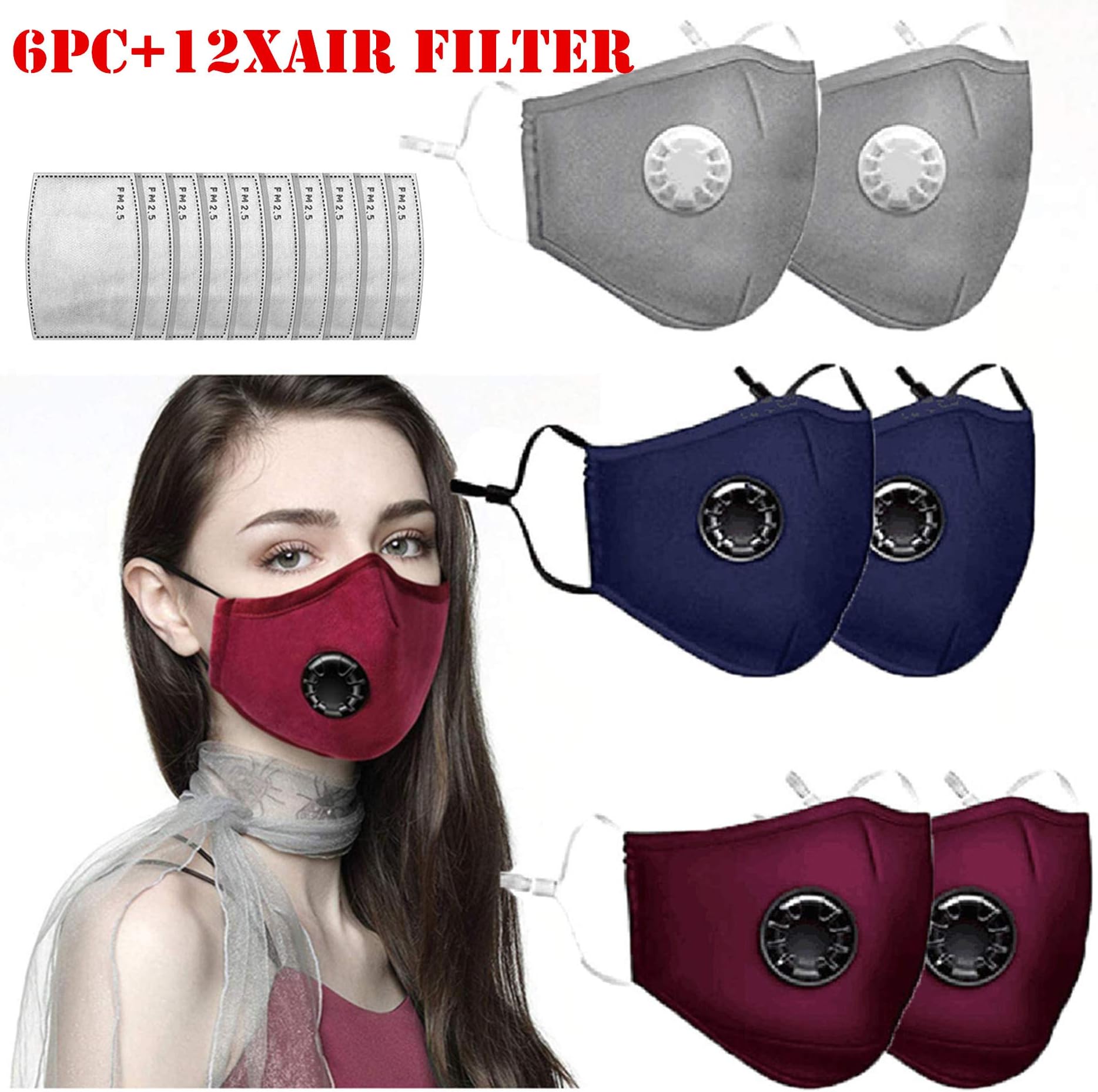 6 Pcs Face Bandanas with 12 Air Filter Cotton Sheet Washable Reusable Face Health with Adjustable Straps (6pc(12 Air Filter), Multicolor)