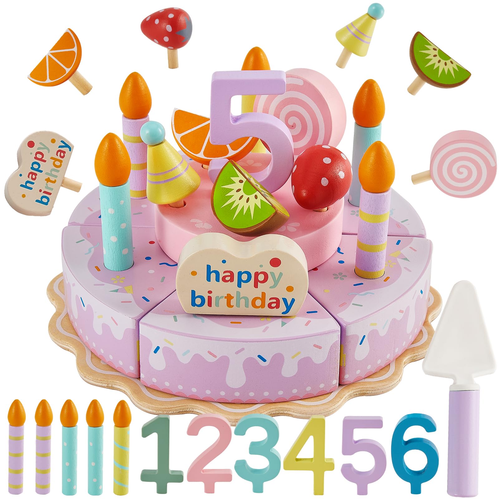 HERSITY Wooden Birthday Cake Pretend Play Toy for Toddlers Girls, Cutting Food Toys Afternoon Tea Set Gifts for 3 4 5 Years Old Kids Childrens