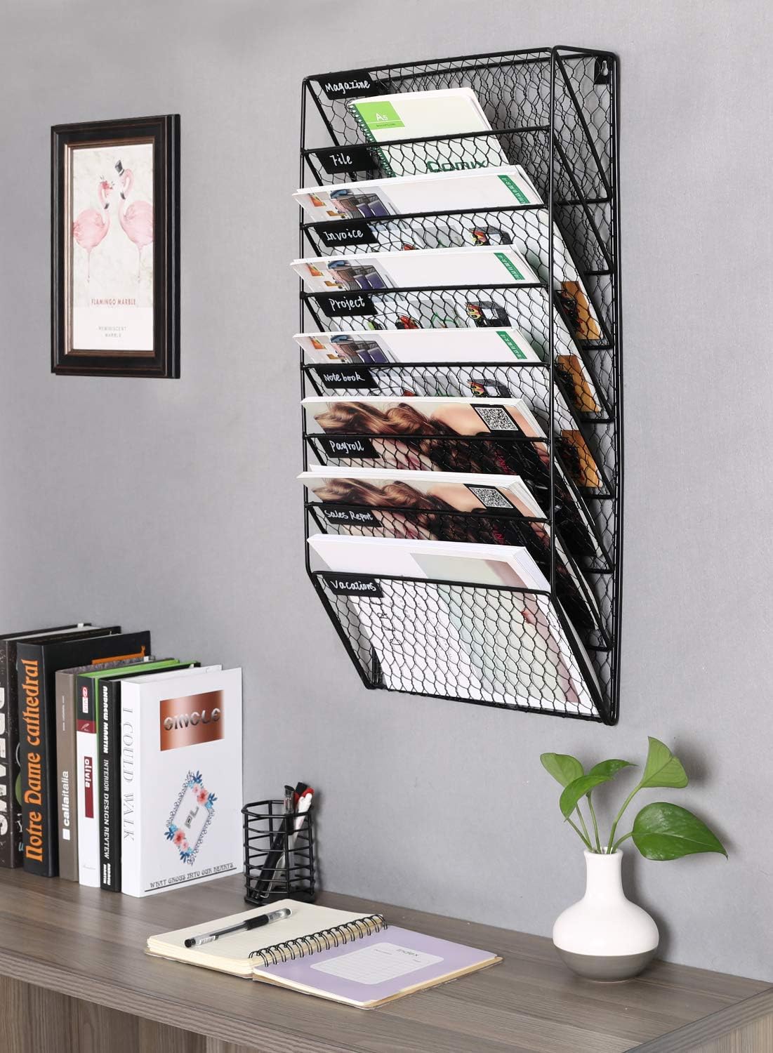 PAG 8 Pockets Wall File Holder Wall Mounted Mail Organizer Metal Chicken Wire Hanging Maganize Rack, Black : Office Products