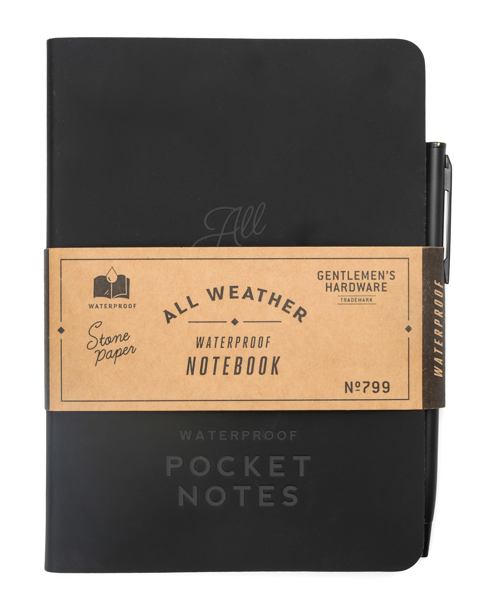 Gentlemen's Hardware Waterproof Notebook 104-Page Pocket Stone Paper Notes with Ballpoint Pen, 12.7cm x 16.51cm, Black