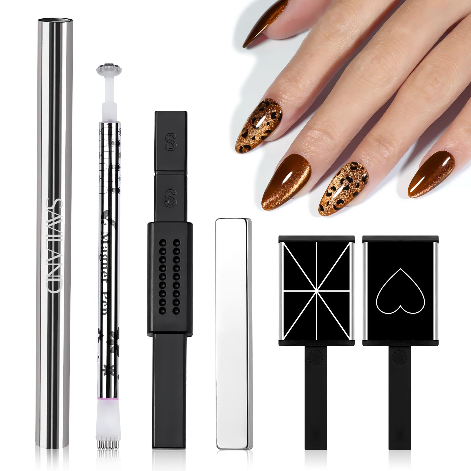 SAVILAND 6PCS Nail Magnet: Cat Eye Magnet for Nails Multi-Functional Double-Head Cat Eye Gel Nail Polish Magnetic Sticks Floral Pattern Elongated Cylindrical Thickened Wand for Home Salon Nail Tools