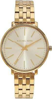 Relógio feminino michael kors pyper, movimento de três ponteiros, caixa dourada de 38 mm em aço inoxidável com pulseira de aço inoxidável, mk3898