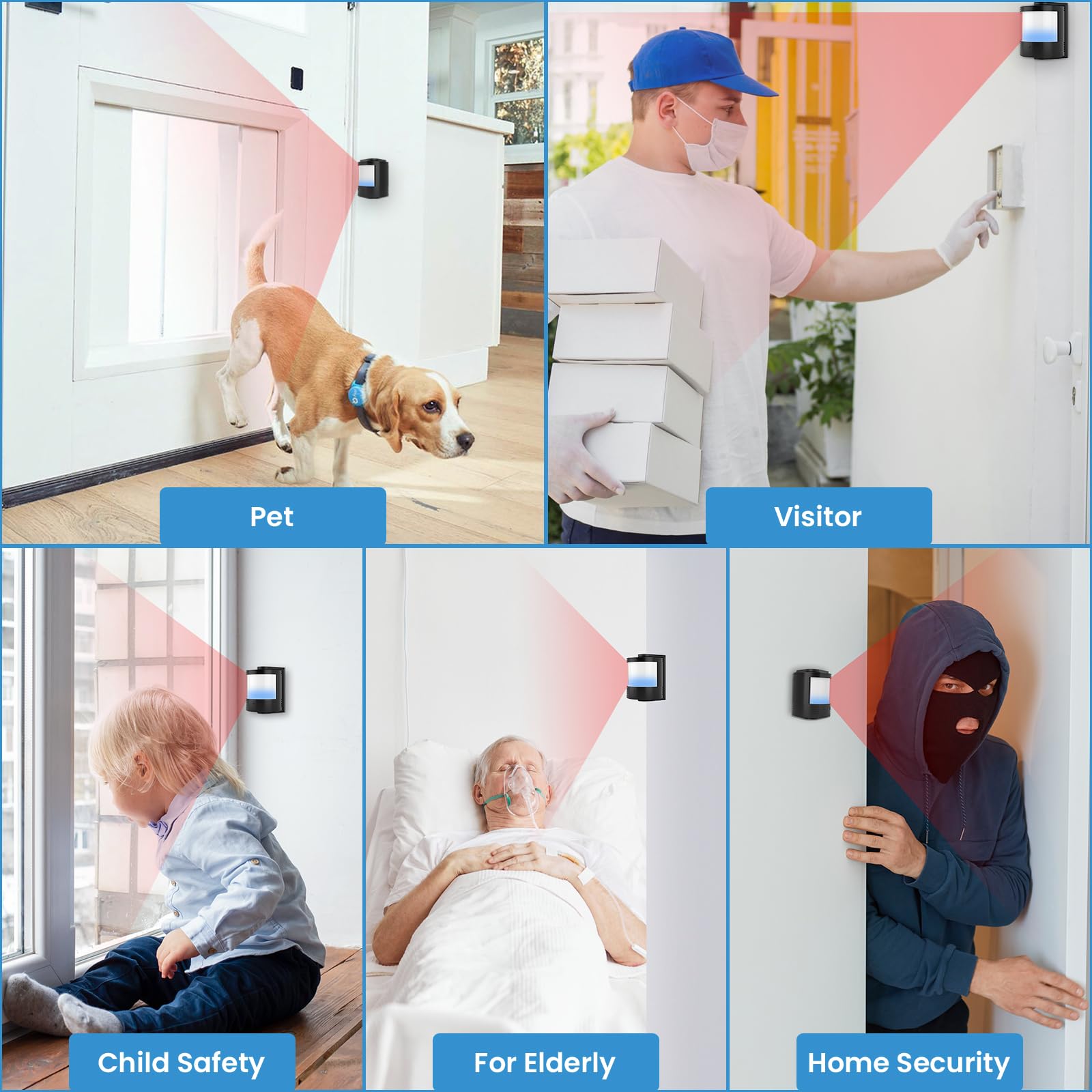 Wireless Motion Sensor Mini Size - Motion Detector Alarm Chimes Door Sensor with LED Light 500 FT Range Commercial Door Entry Alert, Caregiver Reminder for Elderly, Visitor Bell Dinger