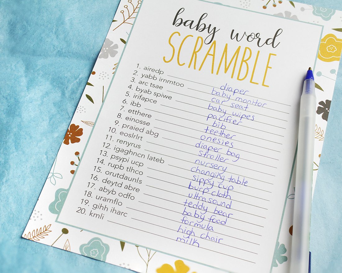 50 Baby Shower Game Sheets And 2 Answer Key Word Scramble Party